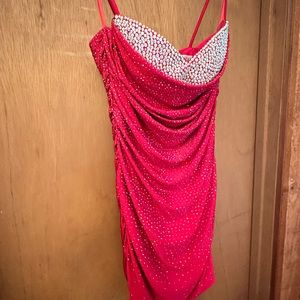 Women’s Red SO Dress Rhinestone Bust Midi Hand-Beaded